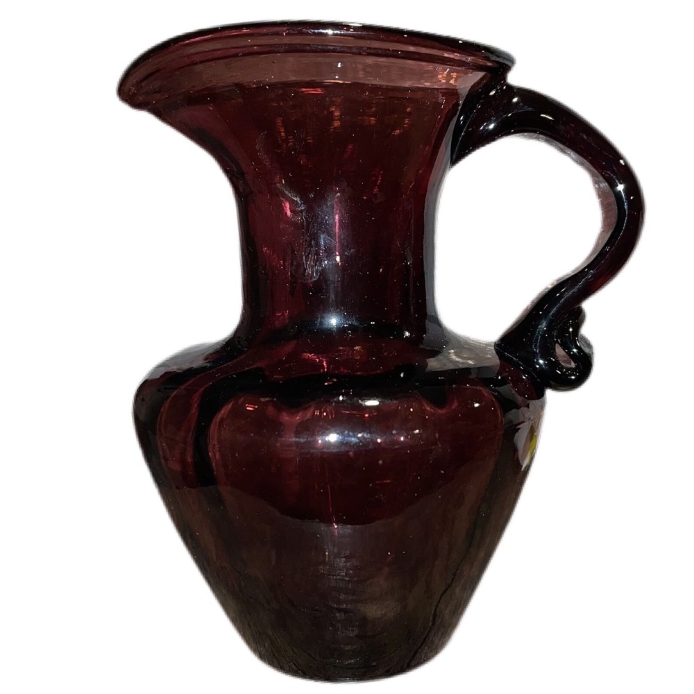 VTG Amethyst Pitch Vase Handblown Art Glass Purple Pontil Stout Handle Pour Lip